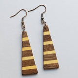 long triangular basswood and walnut striped earrings