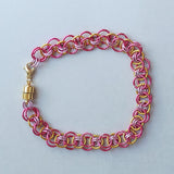 pink and gold chainmaille bracelet with magnetic clasp