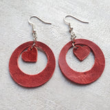 Handmade Round Deep Red Leather Earrings with Tiny Heart Accents – Perfect for Any Occasion! (Copy)