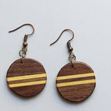 small round walnut with basswood stripes earrings